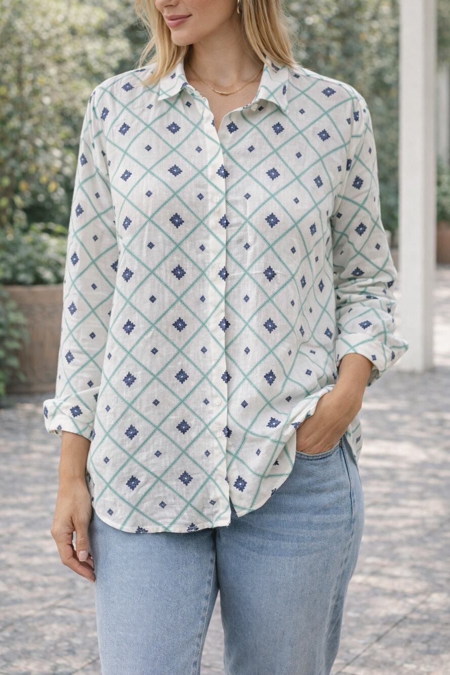 Women Button Up Blouse Shirt White Argyle resort breathable 100% Linen Size XL